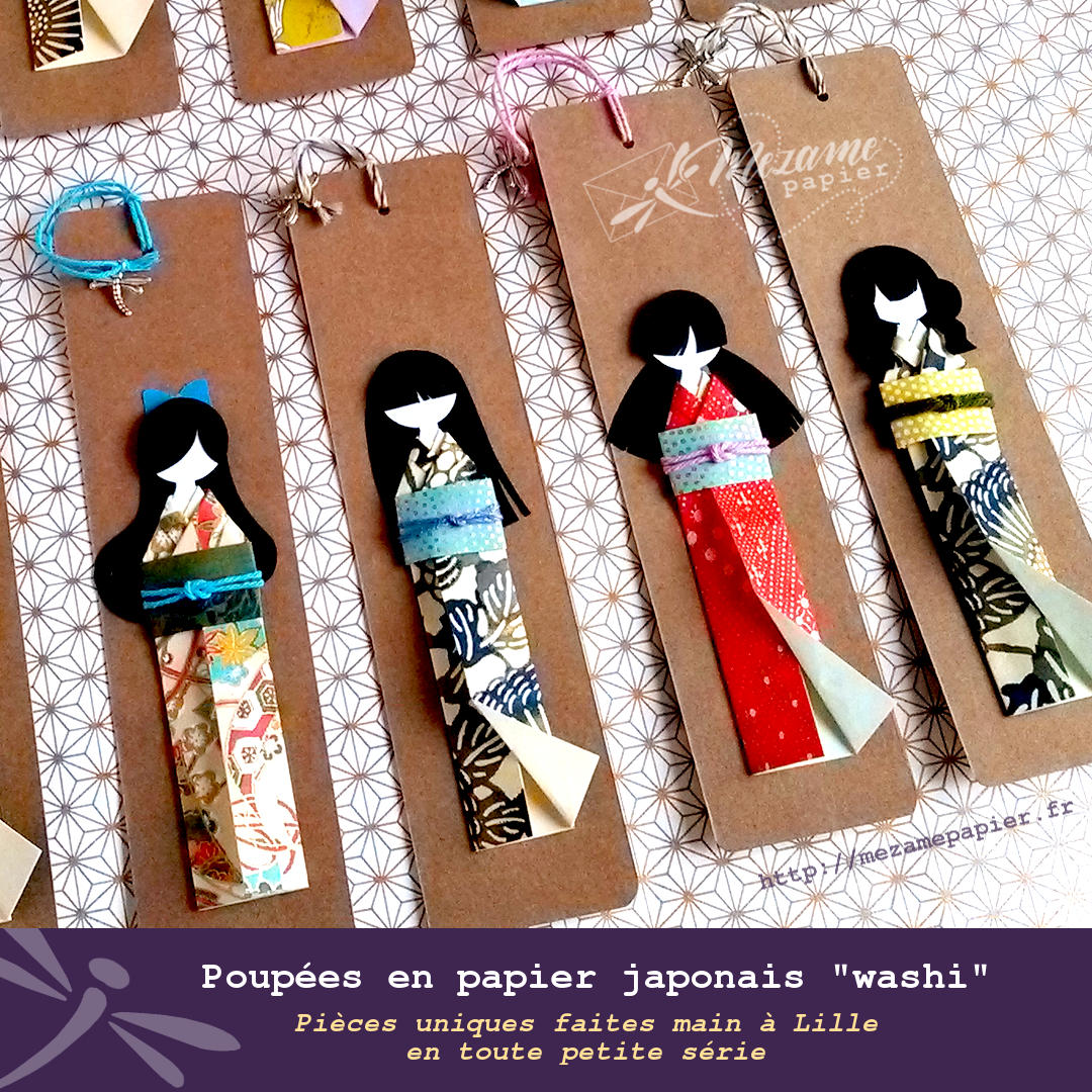 4 marque-page sur base kraft ornés de poupées en papier avec kimono aux motifs de saison