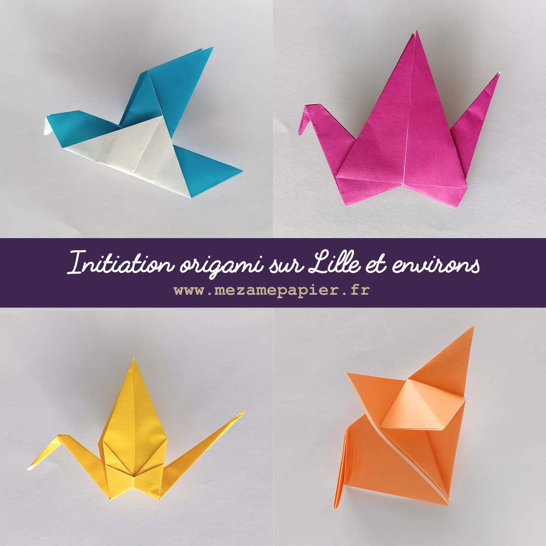 Grille en 2 par 2 contenant 4 origami d'animaux en papier coloré