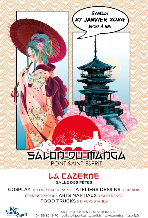 Affiche du salon du manga de Pont Saint Esprit avec geisha sur fond de vagues décoratives oranges