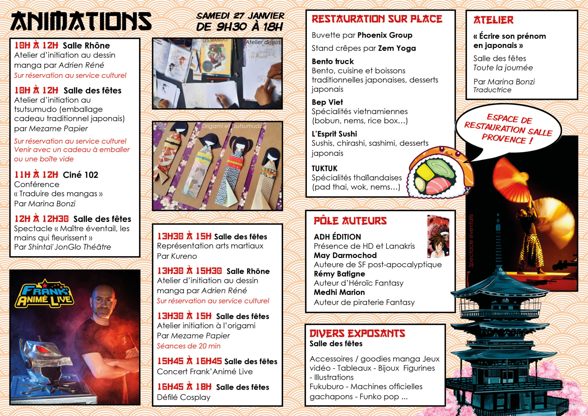 Dépliant sur fond de vagues japonaises orange pâle avec détails des activités au salon du manga de Pont-SAint-Esprit