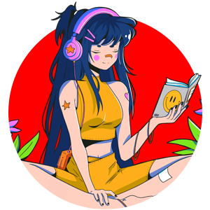 Logo sur fond rouge avec personnage de style manga aux cheveux bleu électrique