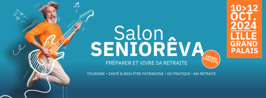 Bannière horizontale bleu électrique du salon Senioreva à Lille