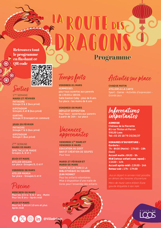 Affiche avec fond dégradé de l'orange vers le rouge, décorée de dragons dorés et lanternes chinoises