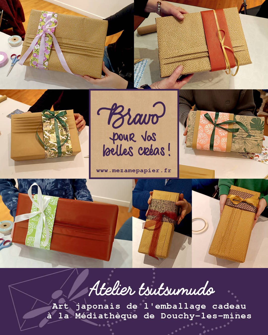 Collage en 3 par 3 d'emballages cadeaux en kraft avec plis décoratifs à la japonaise