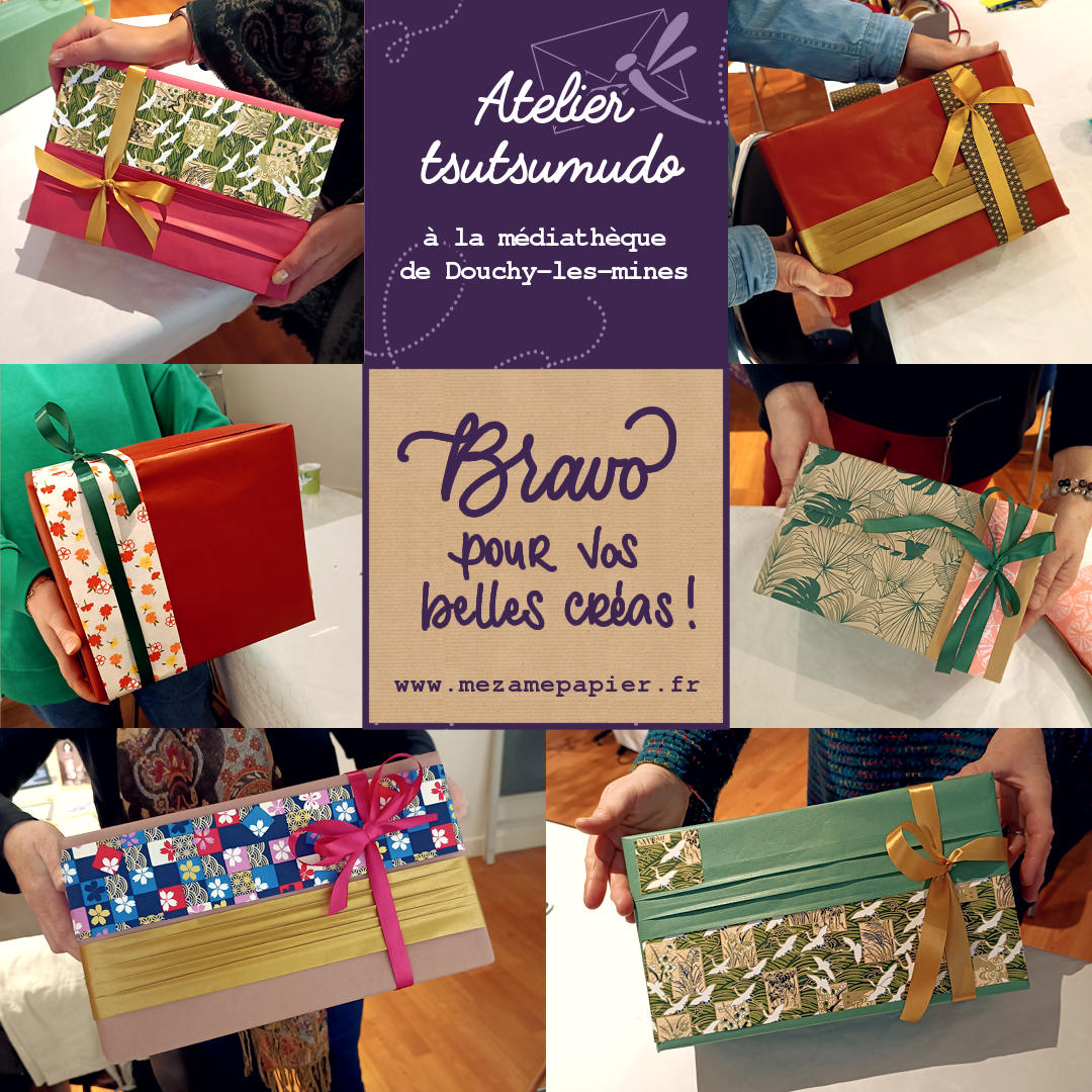 Collage en 3 par 3 d'emballages cadeaux en kraft avec plis décoratifs à la japonaise