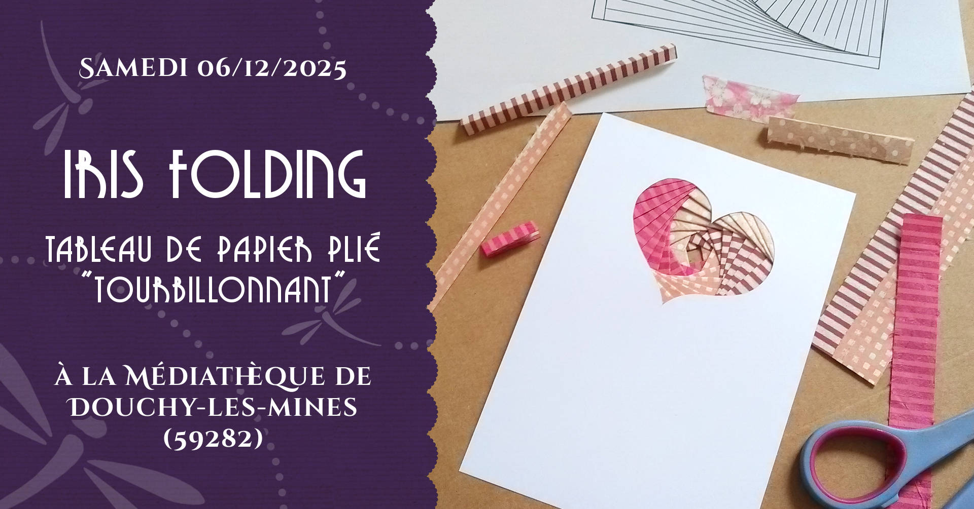 Station de travail iris folding : un carton blanc évidé en forme de cœur laisse apparaître une construction en papier plié dans des tons de rose et beige dans une forme tourbillonnante qui rappelle l'objectif d'un appreil photo. Des bandelette de papier et des ciseaux laissent imaginer le processus derrière la construction.