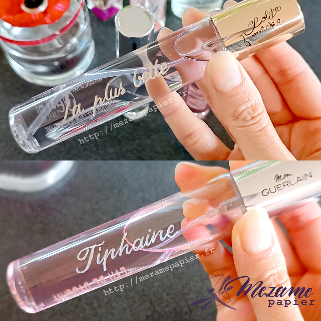 Deux tubes d'eau de parfum, avec gravure personnalisée prénom et message affectueux *la plus belle*. Réalisée à titre personnel pour un membre de ma famille.