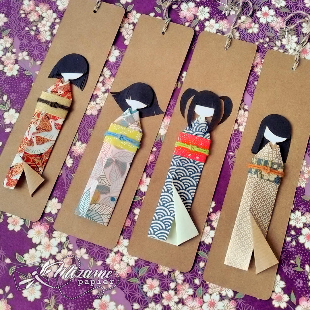 Poupées kimono en papier japonais washi découpées à la main à Lille. Pièces uniques. Oui, ce sont des marque-page.