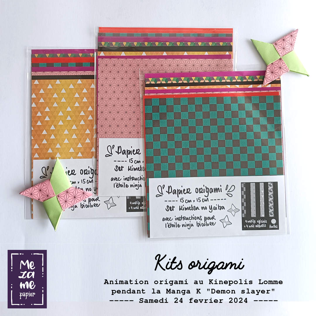 Trois pack origami de 8 feuilles 15 par 15 cm assorties décorées des motifs de kimono des personnages du manga Demon slayer
