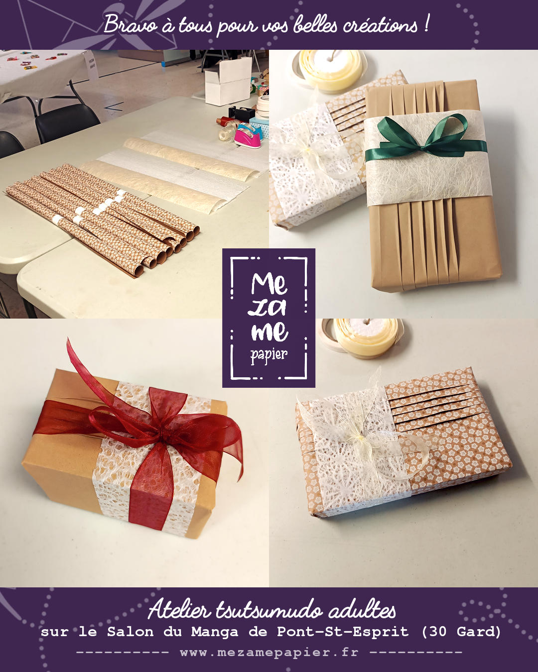 Grille 2x2 de photos de l'atelier tsutsumudo du  27 janvier 2024 à Pont-St-Esprit. 3 boîtes rectangulaires emballés dans du papier kraft premium avec un bandeau de papier japonais texturé et un ruban d'organza ou de satin. La 4ème photo montre la table avec les rouleaux de papier et grandes feuilles de washi japonais non coupées à bords frangés