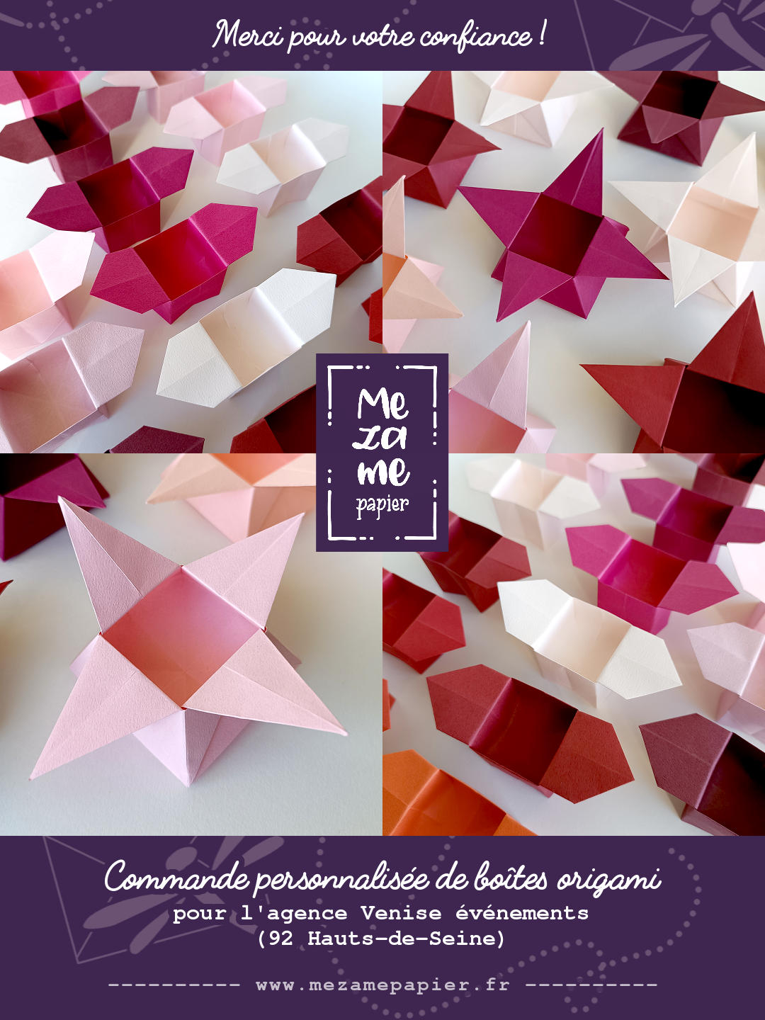 Grille 2x2 avec photos de boîtes origami en grand nombre. Modèle traditionnel Sanbo de base  carrée avec 2 ailettes latérales triangulaires et modèle traditionnel Tsunoko bako de base trapèze avec 4 ailettes triangulaires allongées. Origami pliés en papier japonais TANT en camaïeu de rouges froids, le rendu est mat et légèrement texturé.