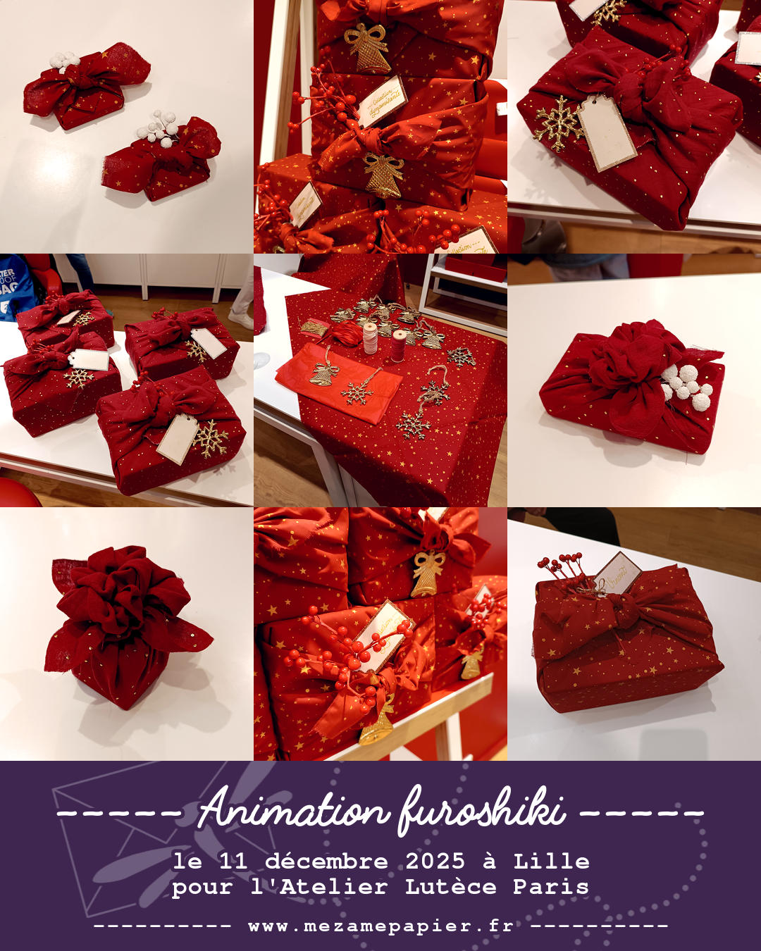 Grille en 3x3 d'emballage japonais en tissu, dit furoshiki. Animation événementielle en point de vente chez une marque de luxe à Lille.