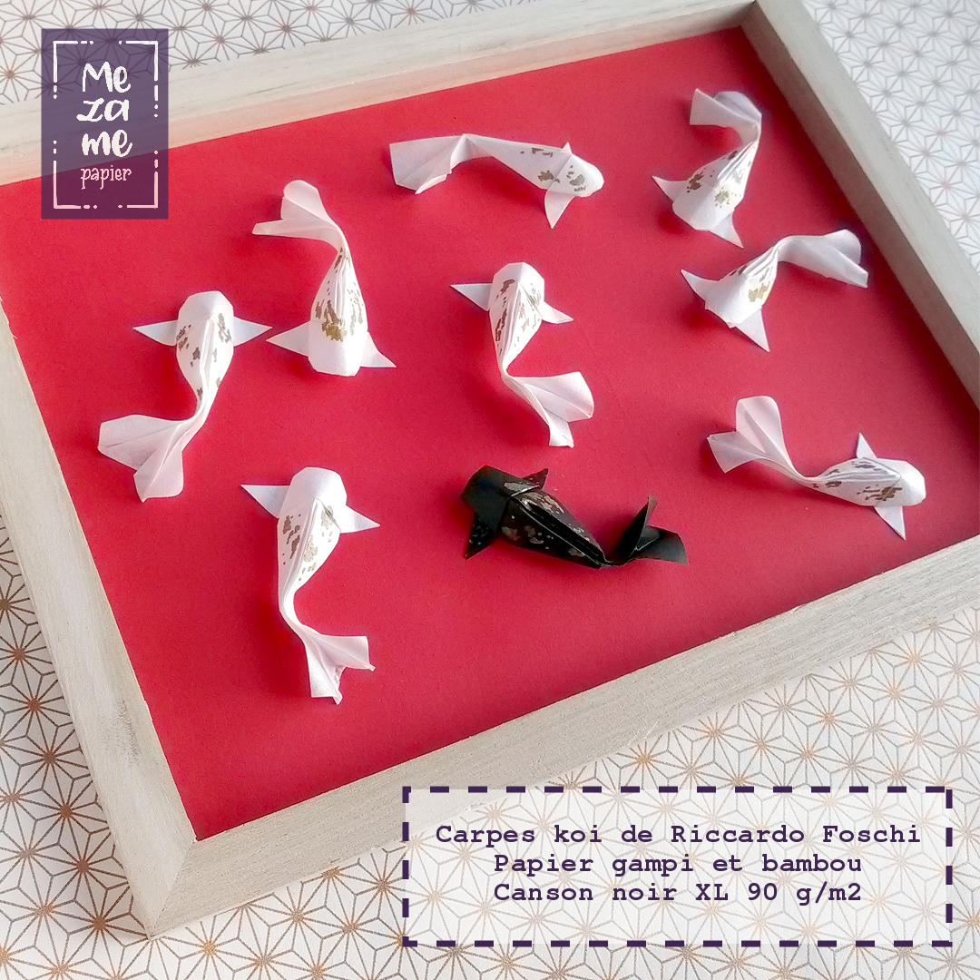 Tableau de papier dans un cadre de 21 par 28 cm : les 9 carpes de la prospérité, 8 carpes blanches qui attirent la chance et 1 carpe noire qui absorde la malchance.