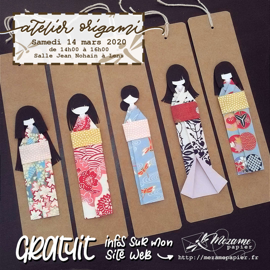 Photo de 5 poupées en véritable papier japonais, kimono pliéaux motifs floraux et ceinture aux motifs géométriques. Cheveux noir découpées à la main, création artisanale unique montée sur base kraft 200 g/m2